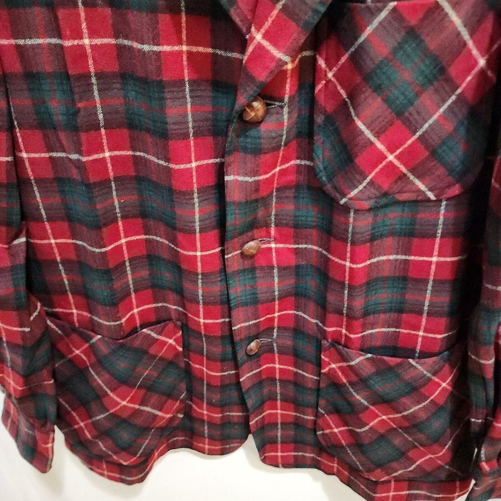 VTG Pendleton 60s 70s Smoking Jacket Red Tartan Plaid Size S 100% Virgin Wool - Picture 7 of 10